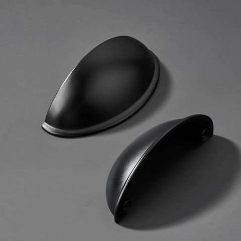 Matte Black Cup Pulls Set of 10 for Cabinets and Drawers Three and Eleven Sixteenths Inch Length, front and top view displaying design.