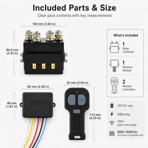 12V Wireless Winch Control Kit With 500A Relay And Dual Remotes dimensions and parts list