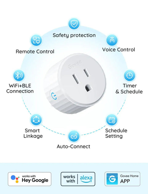 4 Pack Smart Plugs With Bluetooth Or WiFi Stability, ETL and FCC Certified, showing features like voice control and safety protection.
