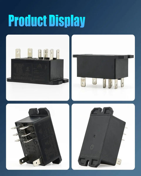 24V DC DPDT Power Relay With 8 Pin Quick Connect Top Sealed 30A Rating, side and angle views, black industrial grade relay