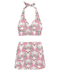 Two Piece Swimsuit Set For Women With Short Skirt Green Leaves And Pink Flamingo Floral Print Quick Dry Beachwear With Adjustable Tie Straps And Side Slit Mini Skirt For Vacay Yacht Ready