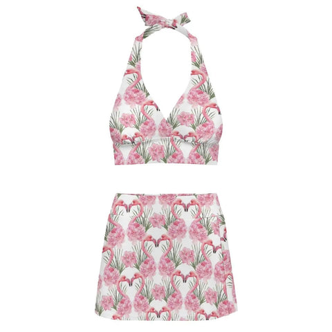 Two Piece Swimsuit Set For Women With Short Skirt Green Leaves And Pink Flamingo Floral Print Quick Dry Beachwear With Adjustable Tie Straps And Side Slit Mini Skirt For Vacay Yacht Ready