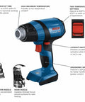Cordless 18V Heat Gun Bare Tool with nozzles shown, highlighting lockout switch and ergonomic grip, reaches 930F max, 570F in 6 seconds