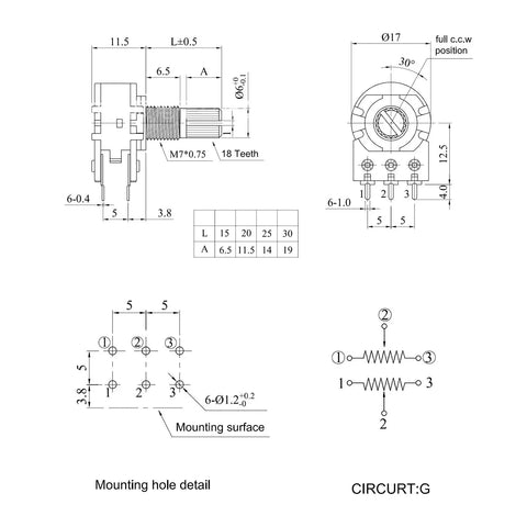Technical diagram of Five Pack 20K Dual Linear Potentiometers With 6 Pin 15mm Shaft illustrating measurements and pin layout.