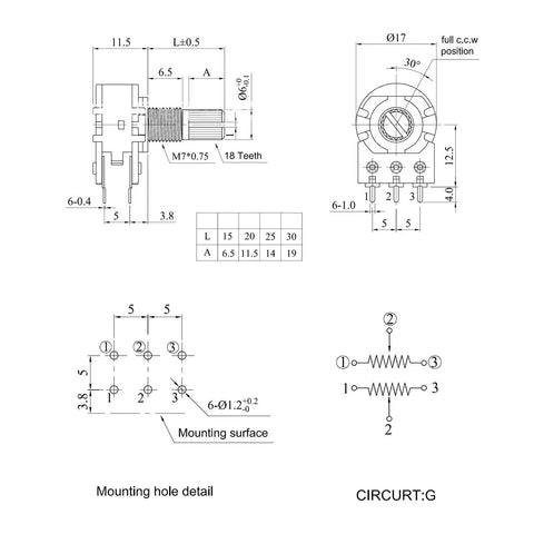 Technical diagram of WH148 100K Potentiometers 6 Pin Dual Rotary Linear Potentiometers 15mm Shaft for electronic projects.