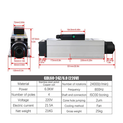 Built Different Air Cooled Spindle Motor With Rapid Tool Change And Tough Fan Cooling Engineered For Real Deal CNC Milling And Woodworking Projects Six Kilowatt Output dimensions and specifications.