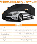 Heavy Duty All Weather Tough As Nails Sedan Car Cover on silver sedan fitting up to 183 inches long against sizing chart background