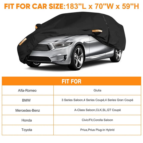 Heavy Duty All Weather Tough As Nails Sedan Car Cover on silver sedan fitting up to 183 inches long against sizing chart background