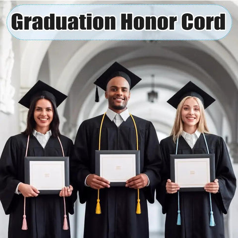Three graduates wearing caps, gowns, and light blue graduation honor cords, holding diplomas, in a ceremony setting.