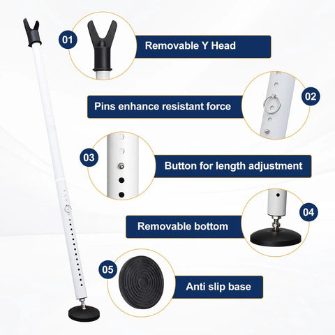 Heavy Duty Door Security Bar 1.25 Inch Diameter With Large Rubber Base Adjustable Y Head Durable Door Stopper For Apartment Home Hotel Travel And Screen Doors White 1 Pack with removable Y head and anti-slip base features