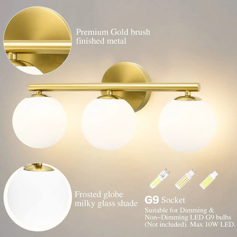 Rock A Stylish Mid Century Modern Vibe In Your Bathroom With These Three Light Gold Vanity Fixtures Complete With Frosted Milk Glass Globes And A Brushed Gold Frame That Is Dimmable Wall Mount Ready