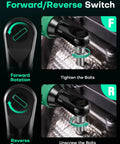 Cordless Electric Ratchet Wrench Set Delivers Forty Foot Pounds Of Torque At Four Hundred RPM Twelve Volt Three Eighths Inch Capacity Includes Seven Sockets And One Quarter Inch Adapter Forward And Reverse Switch Two Batteries And Charger Lightweight And showing forward and reverse switch settings