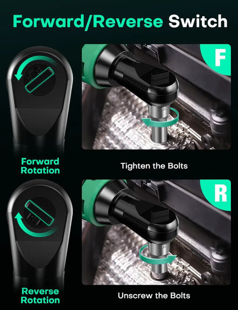 Cordless Electric Ratchet Wrench Set Delivers Forty Foot Pounds Of Torque At Four Hundred RPM Twelve Volt Three Eighths Inch Capacity Includes Seven Sockets And One Quarter Inch Adapter Forward And Reverse Switch Two Batteries And Charger Lightweight And showing forward and reverse switch settings