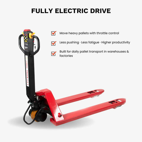 Heavy Duty 4,400 Lb Capacity Electric Pallet Truck With Lithium Ion Battery Walk Behind Pallet Jack For Warehouses Factories And Loading Docks Featuring Electric Brake For Smooth Efficient Operation with electric drive and throttle control.