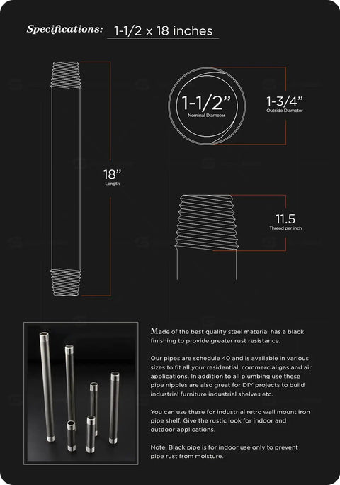 Specifications diagram of 18 Inch Black Steel Pipe One And One Half Inch Nominal Diameter Pre Cut Schedule 40 Black Coated Tube