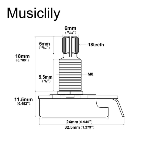 Diagram of Pro HD A250Kx2 and B250K Potentiometer Set, showing 6mm shaft, brass material, and metric M8 thread dimensions.