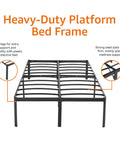 Heavy Duty Full Bed Frame With 18 Inch Rise Black Finish Noise Free Design No Box Spring Required No Sweat Assembly Steel Slats Construction Crushes Up To 700 Pounds Rock Solid Setup showing strong steel slats and 11 supportive legs.
