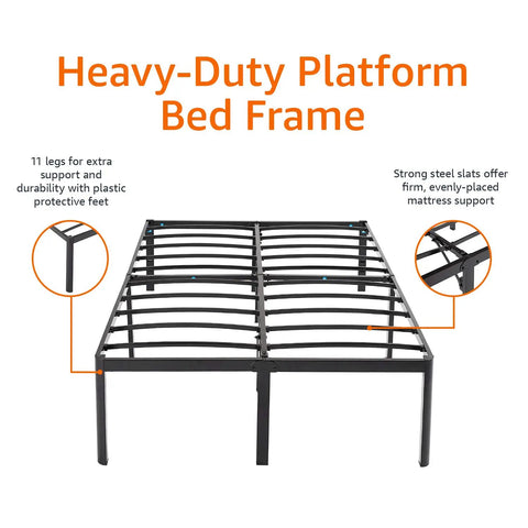 Heavy Duty Full Bed Frame With 18 Inch Rise Black Finish Noise Free Design No Box Spring Required No Sweat Assembly Steel Slats Construction Crushes Up To 700 Pounds Rock Solid Setup showing strong steel slats and 11 supportive legs.