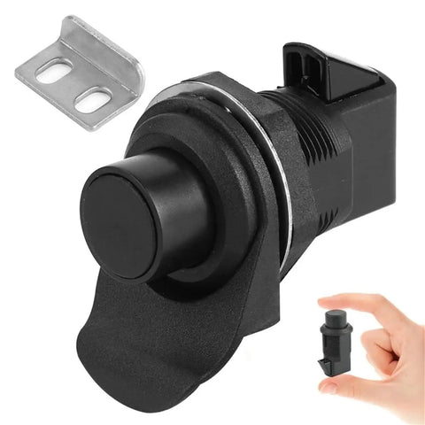 Five Pack Push Button Boat Latch Set Black Plastic Door Lock With Spring Pop Mechanism and mounting hardware shown