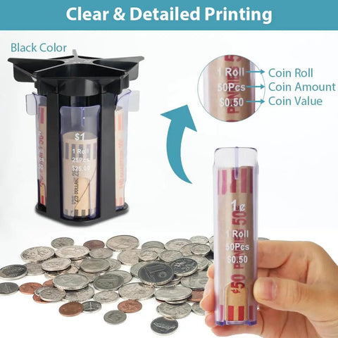 5 In 1 Coin Sorter Tube With Counter And Wrappers demonstrating coin rolls and filled black tube.