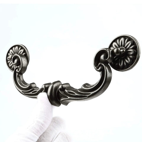 Close-up of Six Pack Antique Black Bronze Drop Down Bail Drawer Pulls Rustic Vintage Cabinet Hardware 7.3 Inch Total Length