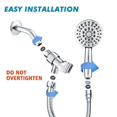 High Pressure 6 Function Shower Head Set With Handheld And 80 Inch Hose, installation diagram, chrome finish.