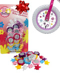 Flower And Star Bike Spoke Decorations Kit packaging and bicycle wheel with colorful spokes attached
