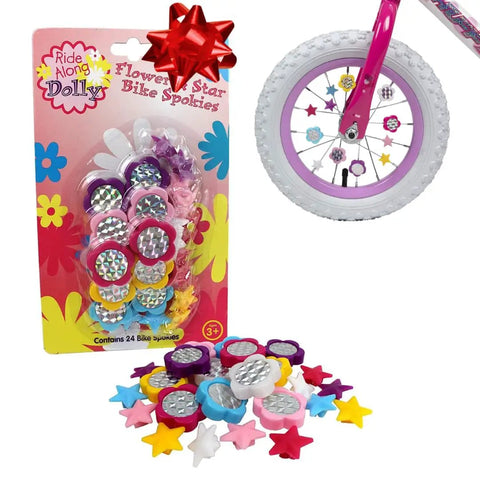 Flower And Star Bike Spoke Decorations Kit packaging and bicycle wheel with colorful spokes attached