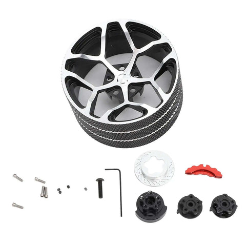 Beefed-Up Metal Transmitter Hand Wheel For RC Steering, Durable Aluminum Upgrade with screws and tools, black finish.
