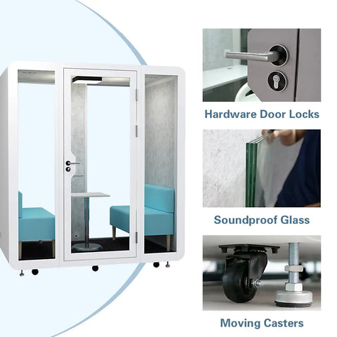 Mobile Soundproof Office Booth With Smooth Roll Wheels And Chill Quiet Nook For Two To Four Folks Featuring Bright LED Lights and Fresh Air Flow For Crisp Professional Video Calls With Heavy Duty Modular Frame, showcasing hardware locks, soundproof glass, and mobile casters.