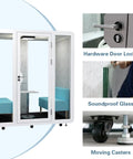 Smooth Rolling Soundproof Office Pod, Portable Phone Booth With Bright Led Lighting And Quick Usb Charging, Quiet Work Cabin showing soundproof glass and moving casters.