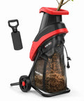 Powerful 15 Amp Electric Wood Chipper Shredder With 4200 RPM, 1.75 Inch Branch Capacity, showing wood chips in bag