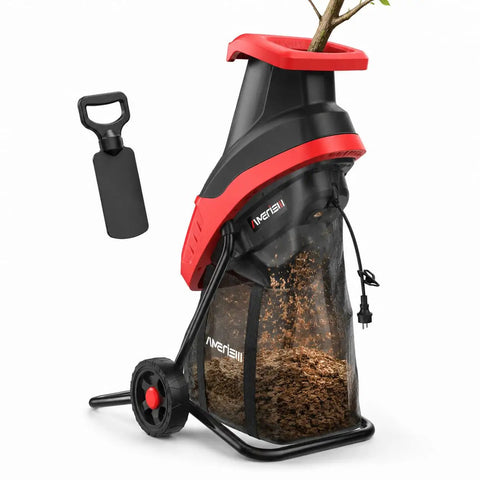 Powerful 15 Amp Electric Wood Chipper Shredder With 4200 RPM, 1.75 Inch Branch Capacity, showing wood chips in bag