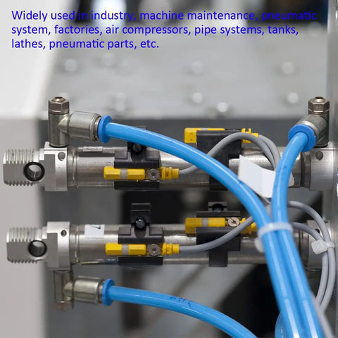 10 Pack Elbow Push To Connect Air Fittings For Pneumatic Systems, shown installed with blue tubing, highlighting quick release function.
