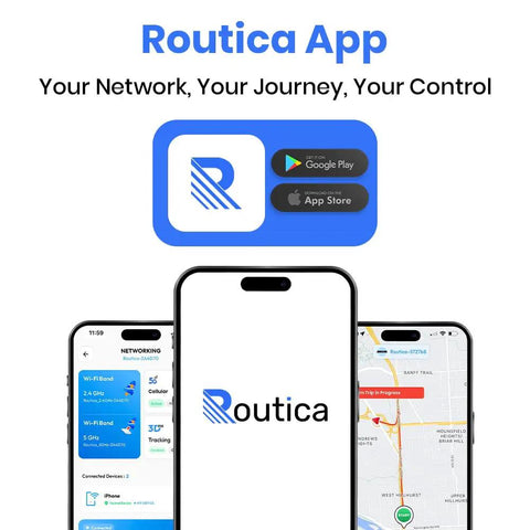 Routica app interface shown on smartphones for network management, featuring map and settings views, available on app stores