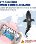 RC Shark Boat With HD Camera Real Time FPV Video App Control shown with remote control distance guide