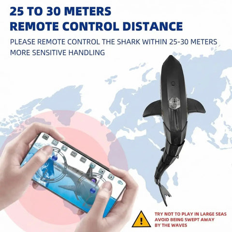 RC Shark Boat With HD Camera Real Time FPV Video App Control shown with remote control distance guide