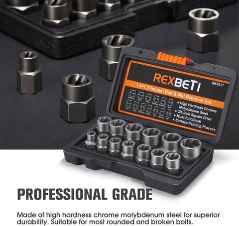 Impact Bolt And Nut Remover Set 14 Piece With Solid Storage Case in black case, chrome molybdenum steel, professional grade tools