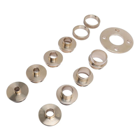 Top Shelf Brass Router Template Guide Set With Eight Durable Bushings And Hardshell Carry Case For Dead Nuts Precision On Every Custom Woodworking Project, showing detailed durable bushings.