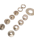 Heavy Duty Solid Brass Router Template Guide Set With Tough Bushing Kit And Rugged Storage Case showing eight precision brass rings for woodworking.