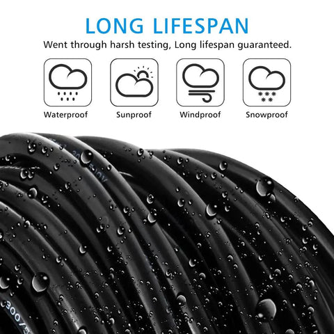 Close-up of black waterproof Workhorse 3 Conductor 18 AWG Copper Wire Extension Cord 100 Ft with water droplets on surface