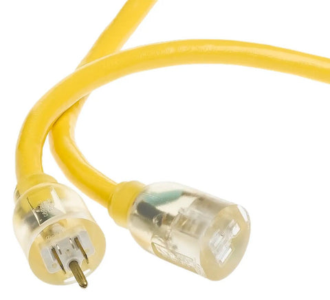 Heavy Duty Outdoor Extension Cord With Lighted End For Safety Waterproof Yellow Jacket 100-Foot 10/3 SJTW Power Cable close-up