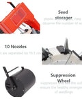 Components of Hand Push Seeder With Ten Nozzles For Garden Row Crops, showing seed storage, nozzles, and suppression wheel