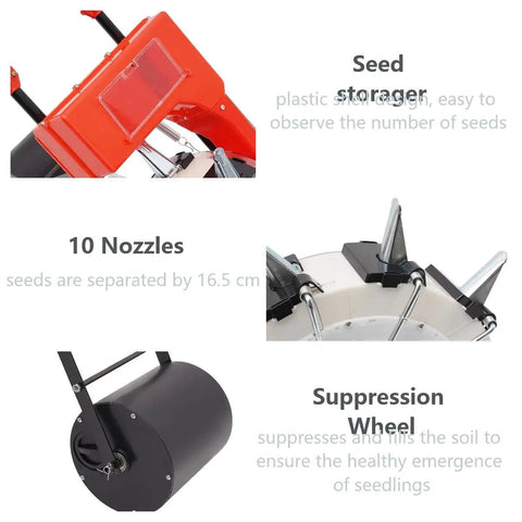 Components of Hand Push Seeder With Ten Nozzles For Garden Row Crops, showing seed storage, nozzles, and suppression wheel