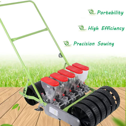 Walk Behind Garden Seeder With Five Row Capacity Metal Precision Seed Planter on lawn showing efficiency features