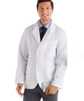 Man wearing Men's 30 Inch Consultation Lab Coat White 2XL with Flattering Fit, holding a pen, showing three roomy pockets.