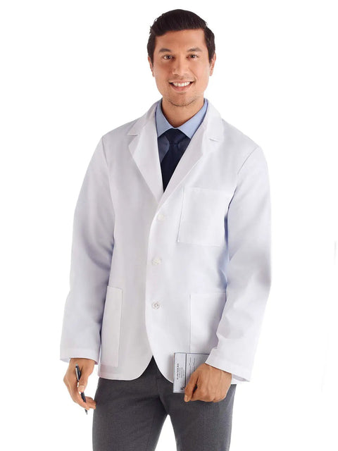 Man wearing Men's 30 Inch Consultation Lab Coat White 2XL with Flattering Fit, holding a pen, showing three roomy pockets.