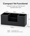 Black PU Leather Desk Organizer And Pen Holder with dimensions shown, features multiple compartments for office essentials.