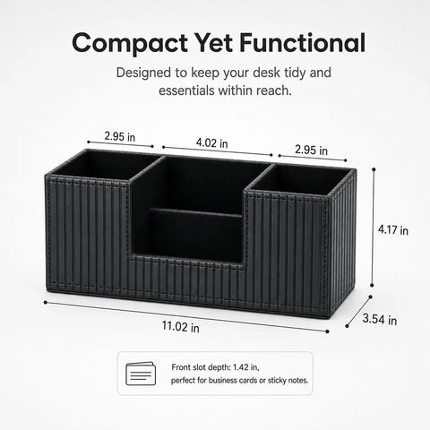 Black PU Leather Desk Organizer And Pen Holder with dimensions shown, features multiple compartments for office essentials.