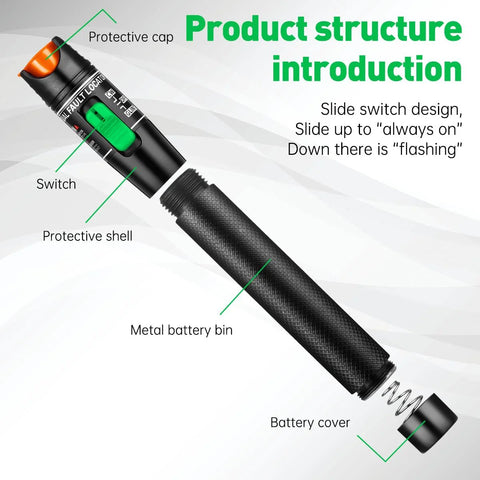 Moocci Visual Fault Locator fiber optic tester with FC-LC adapter; black unit with green switch and protective shell